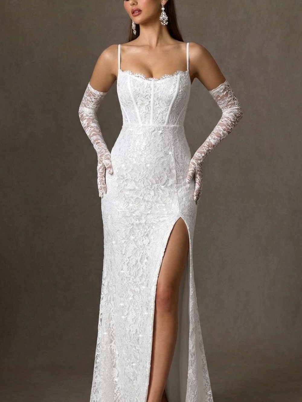 Azazie Jyotsna White Lace Spaghetti-Strap Wedding Gown with Thigh Slit